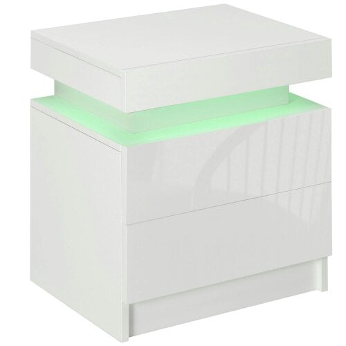 Wyld Haus Rema High Gloss White Bedside Table With LED Lighting And 2 Drawer Storage