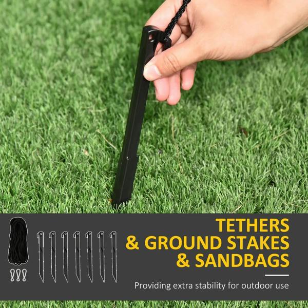 Inflatable decoration tethers, ground stakes, and sandbags for outdoor anchoring.