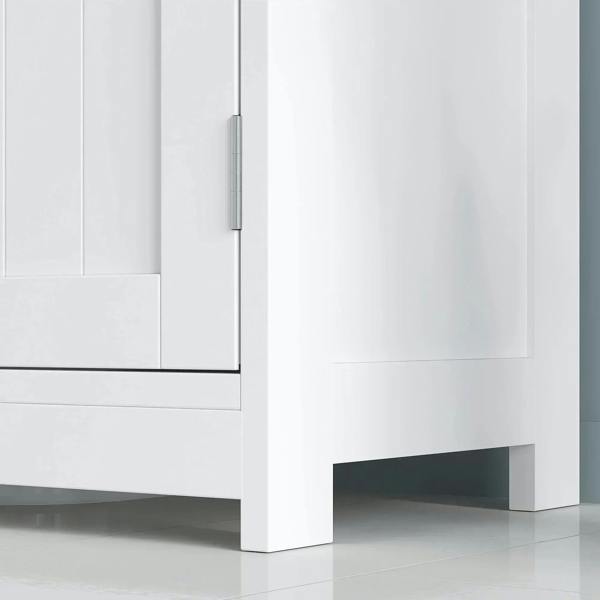 White cabinet base corner and door hinge area with smooth panel finish