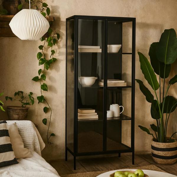 Wyld Haus Graz Matt Black Metal Tall Display Cabinet 2 Doors