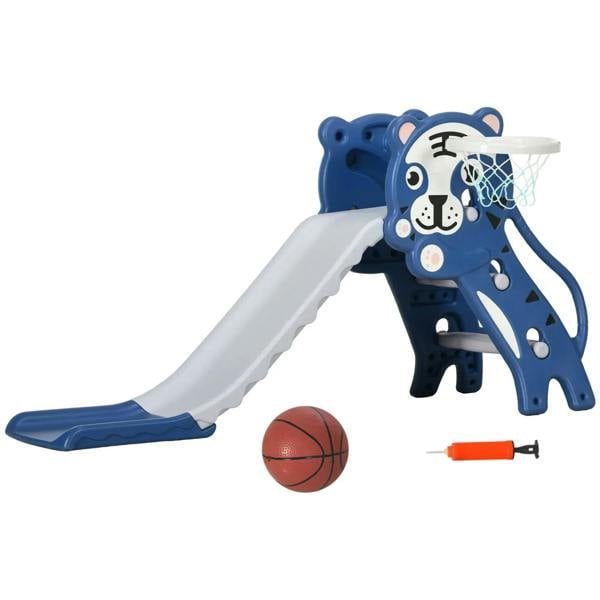 Blue 3-in-1 baby slide climber with basketball hoop, slide and basketball ball