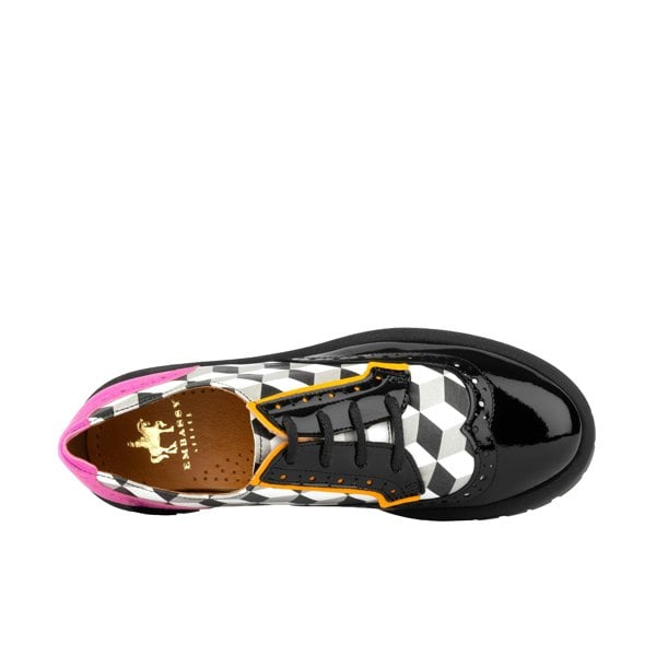 Embassy London Artisan - Black & White Cubics - Women's chunky sole leather derby shoe with brogue details