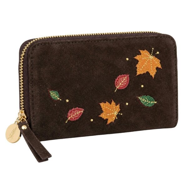 Fores Collection Faux Suede Zip Around Purse with Embroidered Autumn Leaves - Brown