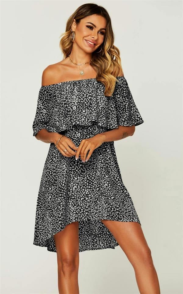 FS Collection Leopard Print Bardot Frill Off Shoulder Mini Dress In Black
