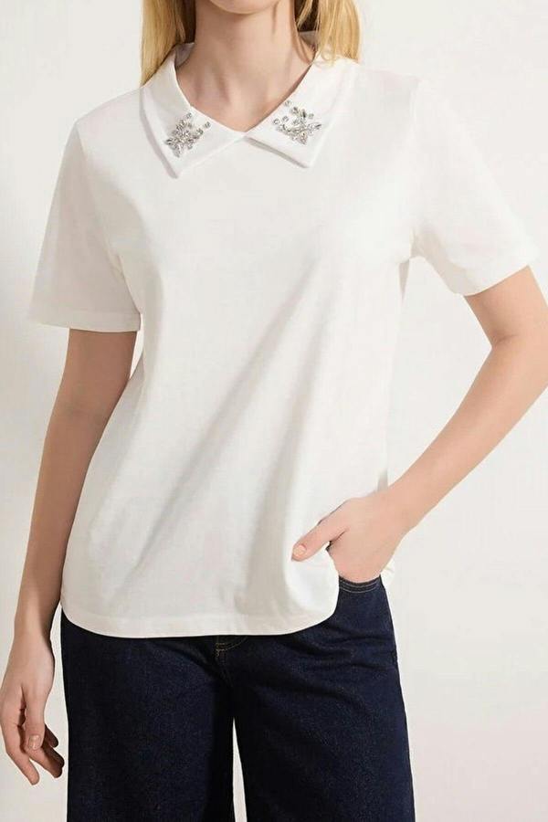 WOVCOR Thick Cotton Polo Collar Knitted T-Shirt with Stone Details