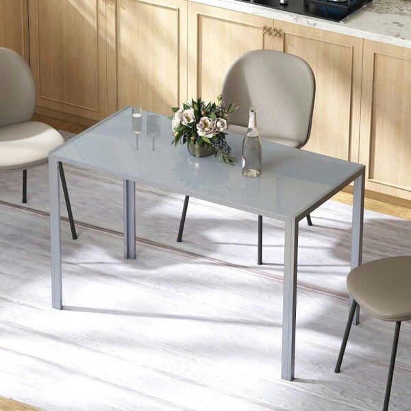 120cm Dining Table, Rectangle 4 Seater Kitchen Table with Tempered Glass Top and Metal Legs, Grey