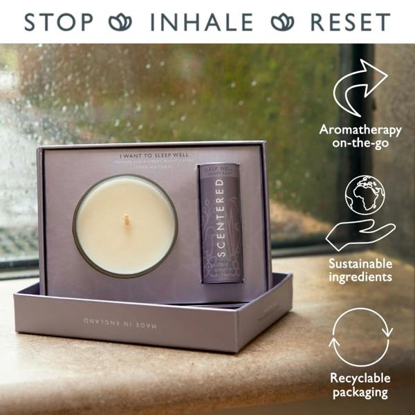 Scentered Sleep Well gift set with candle and therapy balm displayed on a windowsill, highlighting benefits such as aromatherapy on-the-go, sustainable ingredients, and recyclable packaging.