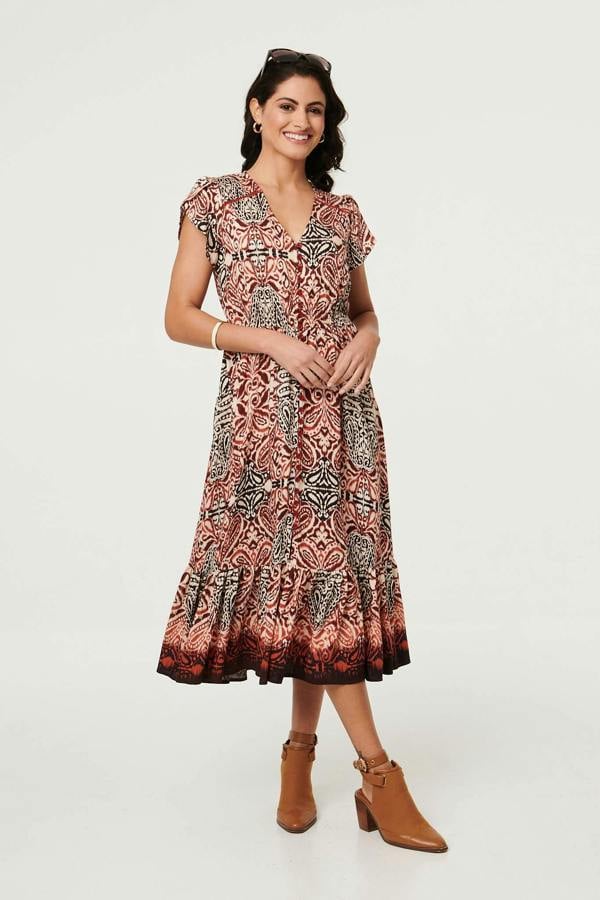 Red | Printed Cap Sleeve Midi Dress