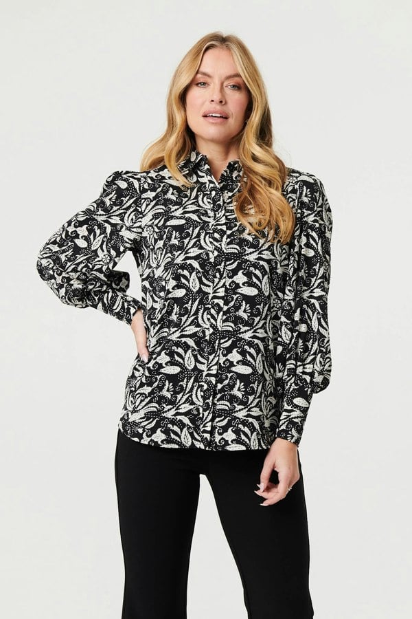 Black | Leaf Print Long Balloon Sleeve Shirt
