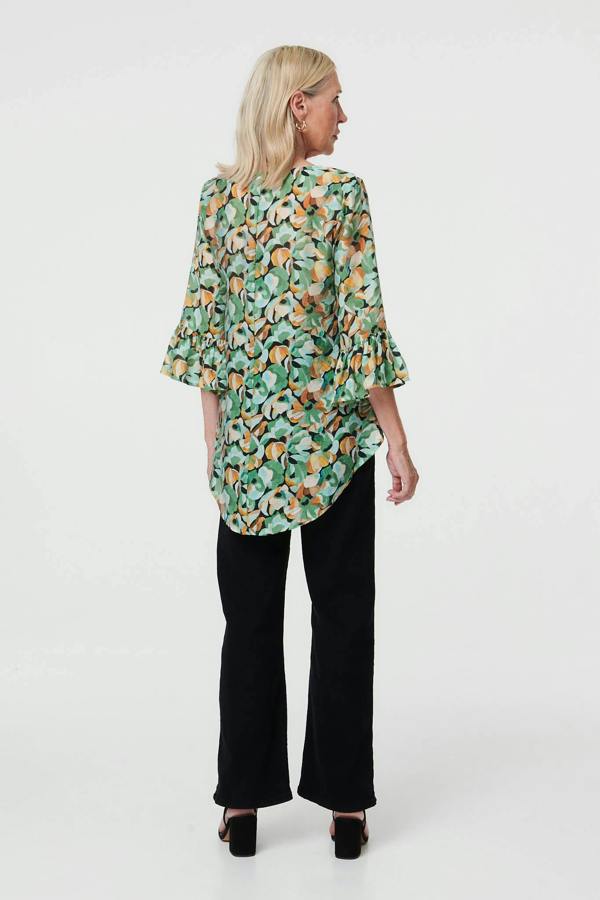 Green | Floral Relaxed 3/4 Flared Sleeve Blouse