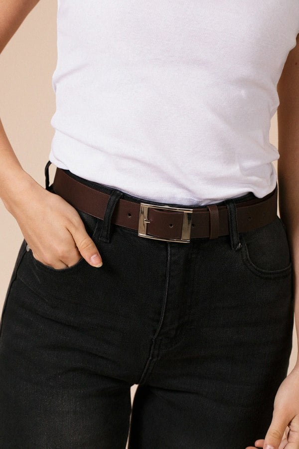 SVNX Silver Square Buckle Belt In Dark Brown