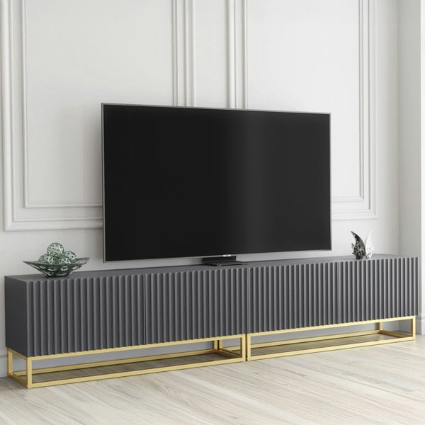 Mex Furniture Modular Grey TV Unit with Gold Base 200cm – Fluted Fronts & Push-Down Doors