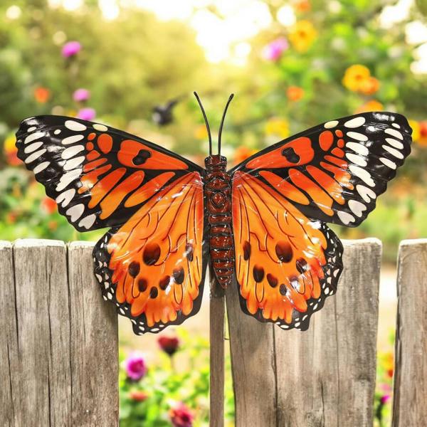 EDH Door Hardware Medium Metal Orange Butterfly Wall Art – 23 x 34 x 1 CM | 3D Hand-Painted Metal Butterfly Decoration | Weatherproof Indoor & Outdoor