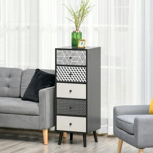 Wyld Haus Rerora Scandi Monochrome Black and White Wooden Vertical 5 Drawer Storage Chest