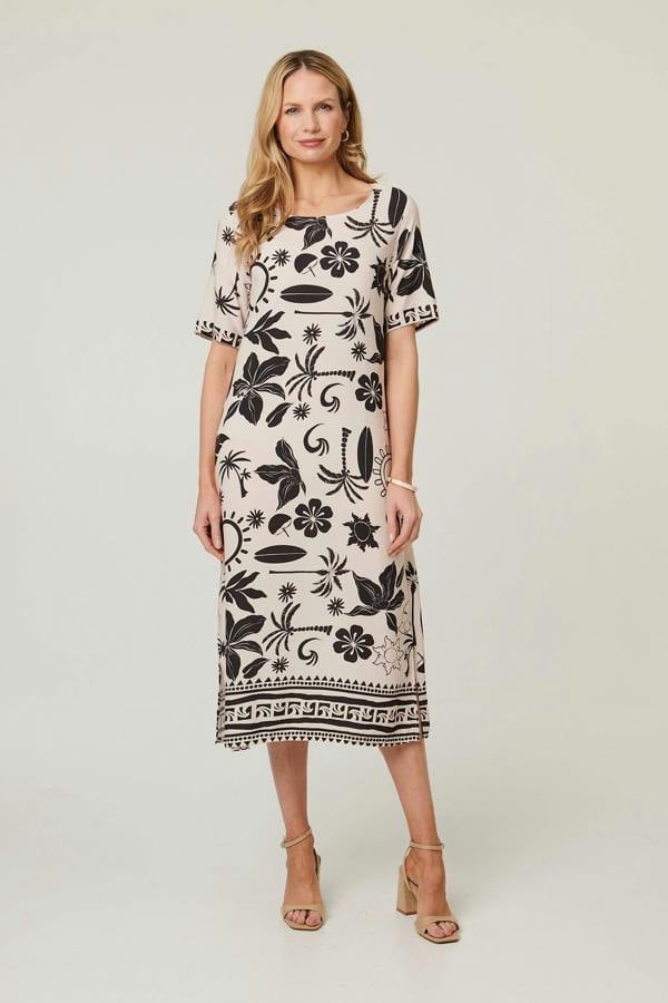 Ivory | Printed 1/2 Sleeve Midi Shift Dress