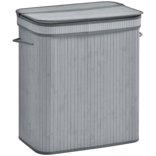 Bobobiy 100L Natural Wood Laundry Basket A Compartment with Flip Lid Removable Lining Handles Board Base Foldable Durable Water-Resistant Dirty Grey