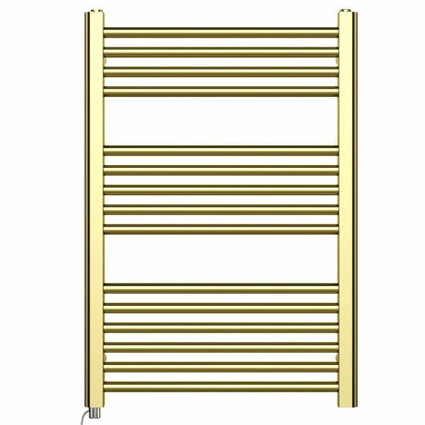 MYHOMEWARE 500 x 800 mm Shiny Gold Electric Bathroom Towel Rail Radiator With Manual Electric Element Pre-Filled Standard Element