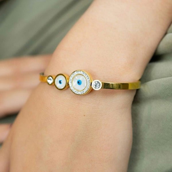 The Colourful Aura Evil Eye Round Brass White Enamel Gold Zircon Armlet Bangle