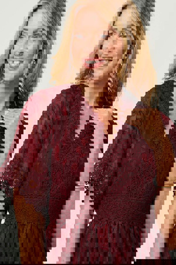 Red | Floral Lace Frill 1/2 Sleeve Midi Dress
