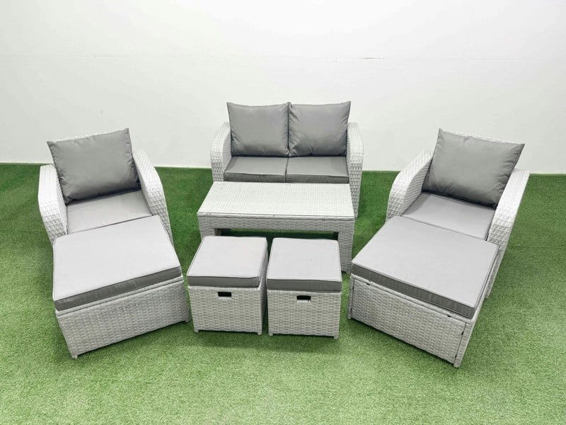 Fimous PE Wicker Rattan Furniture Sets with Oblong Coffee Table Love Sofa Reclining Chair 4 Stools Light Grey Mixed