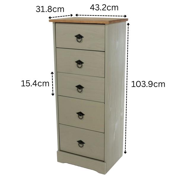 Core Products Corona Grey Modern 5-Drawer Narrow Chest of Drawers