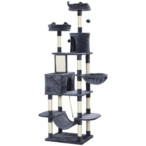 Dark grey multi-level cat tree with scratching posts, platforms, condos, and hanging toy ball