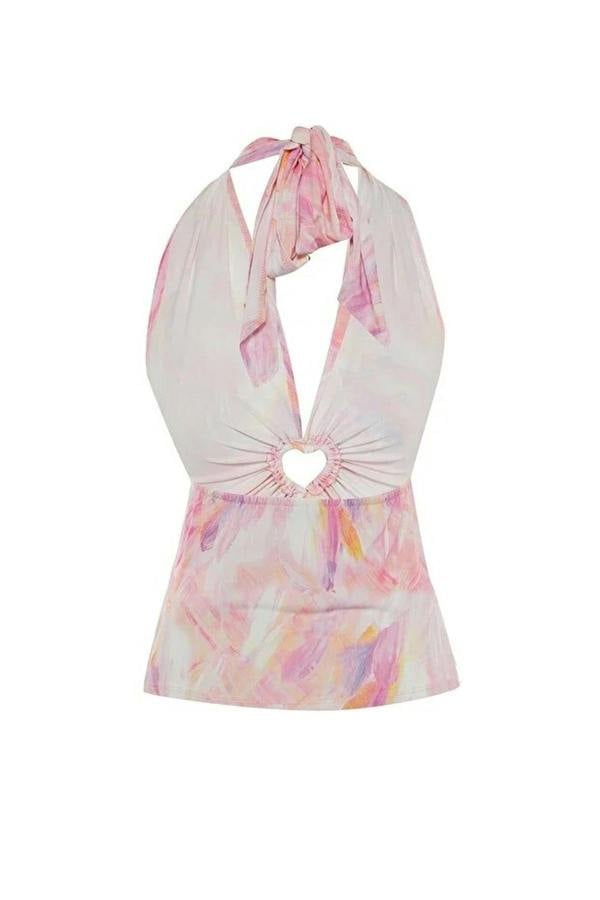 WOVCOR Printed Knitted Blouse with Cut-Out Detail and Accessories