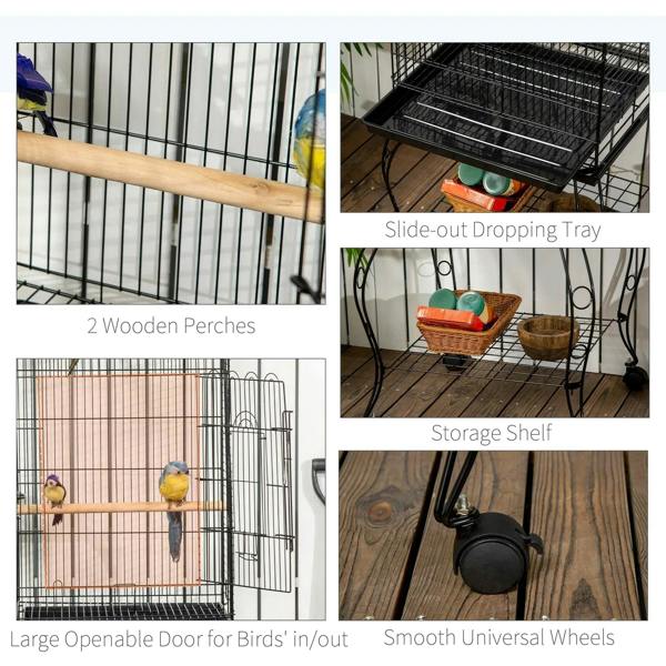 Black bird cage with wooden perches, slide-out tray, storage shelf, and universal wheels