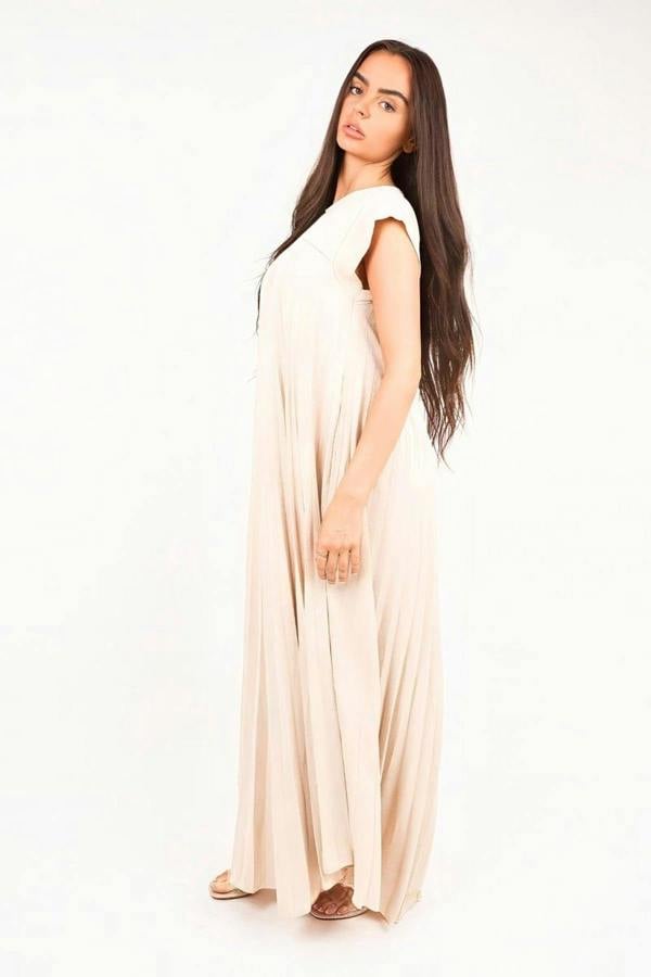 Sarina Pleated Cap Sleeve Maxi Dress - Beige