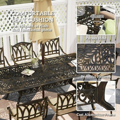 Wyld Haus Vesuno 8 Seater Bronze Cast Aluminium Garden Dining Set Rectangular Table with Parasol Hole