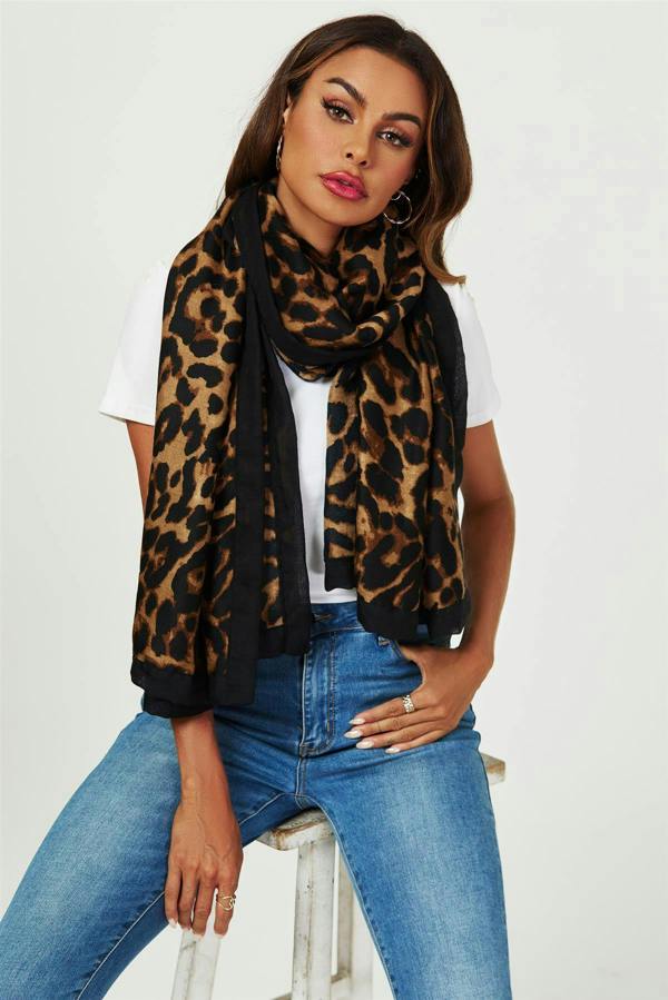FS Collection Leopard Print Scarf In Brown & Black