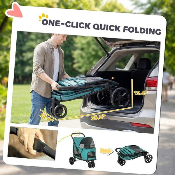 Dog Stroller, 3 Wheels Pet Stroller with Dual Entry, Easy One-Click Quick Fold, Mesh Windows, Washable Cushion