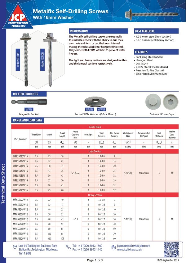 Fixaball Tech Cladding Self Drilling Screw EPDM Washer Heavy