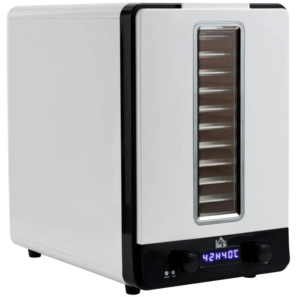 White 11-tray food dehydrator with front observation window and digital timer display