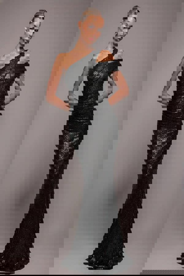 One Shoulder Sequin Evening Maxi - Black DR4069