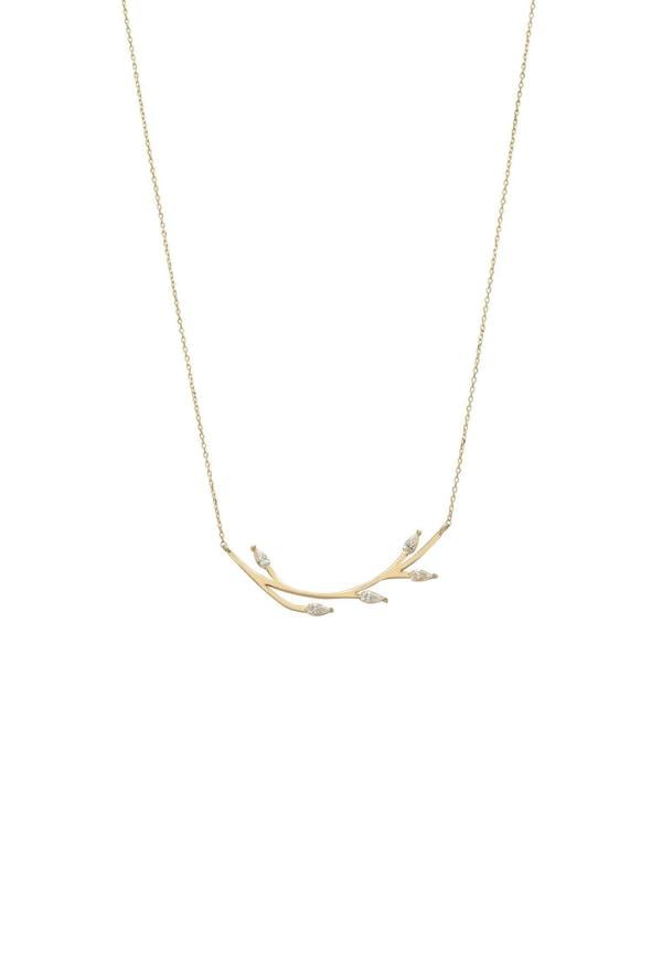 Delicate necklace with leaf-like pendants on a white background