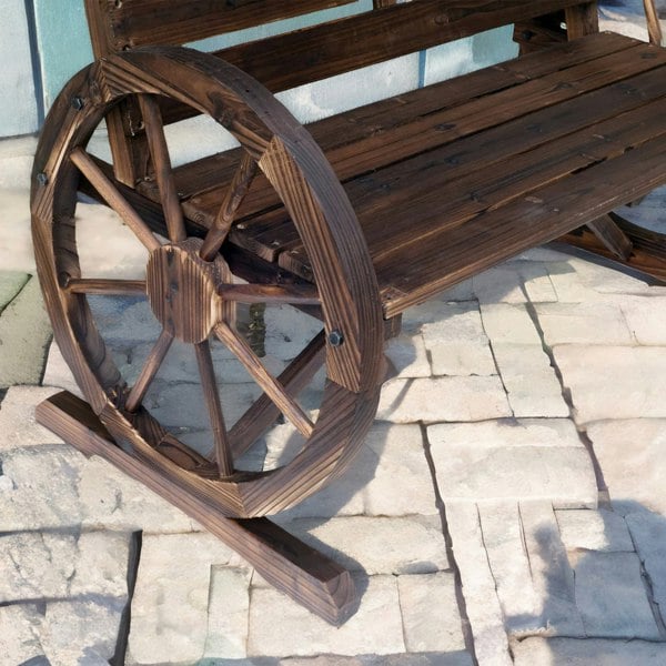 Rafaelo Mobilia Wooden 2 Seater Wagon Wheel Outdoor Bench Rustic Brown