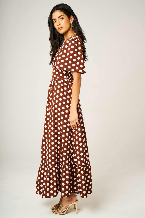 FS Collection Dot Print Angel Sleeve V Neck Frill Hem Midi Dress In Brown