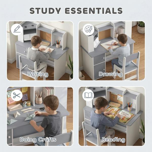 AIYAPLAY Kids Desk and Chair Set w/ Cabinets for Ages 5-12 Years, Grey
