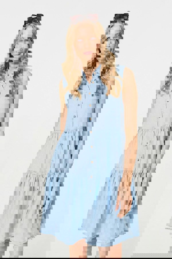 Light Blue | Sleeveless Tiered Shirt Mini Dress
