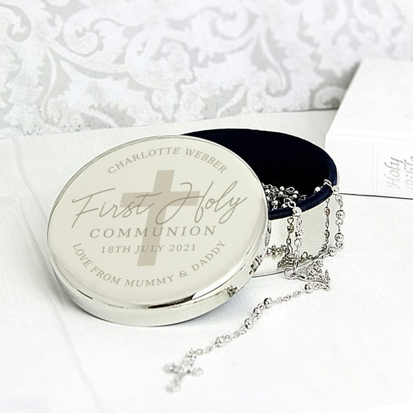 Personalised Memento Company Personalised First Holy Communion Round Trinket Box & Rosary Beads Set