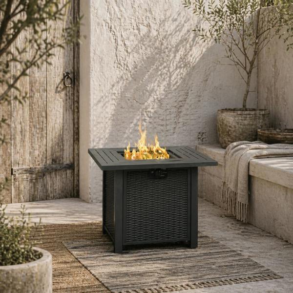 Wyld Haus Ellulo Rattan Black Square Propane Gas Fire Pit Table with Cover Glass Beads And Lid