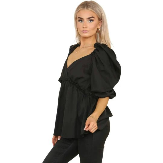 Elaina Fashion Women's Black Sweetheart Neck Ruffle Hem Peplum Blouse