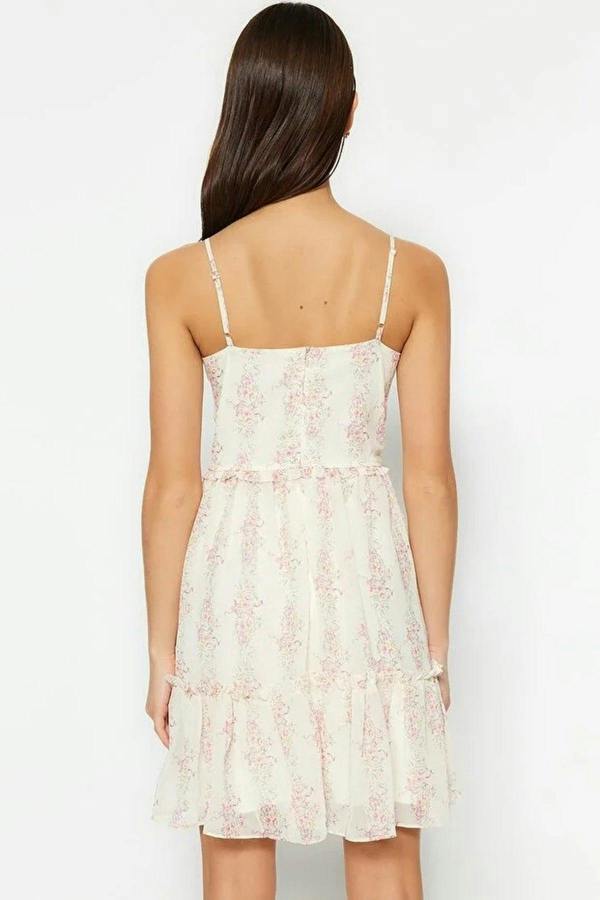 WOVCOR Floral Patterned V-Neck Mini Lined Chiffon Woven Dress
