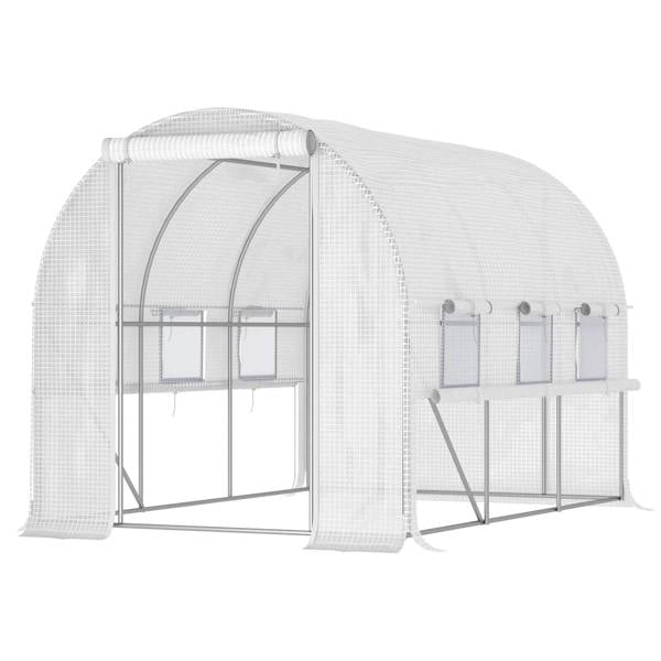 White walk-in greenhouse polytunnel with roll-up sides and steel frame, PE cover