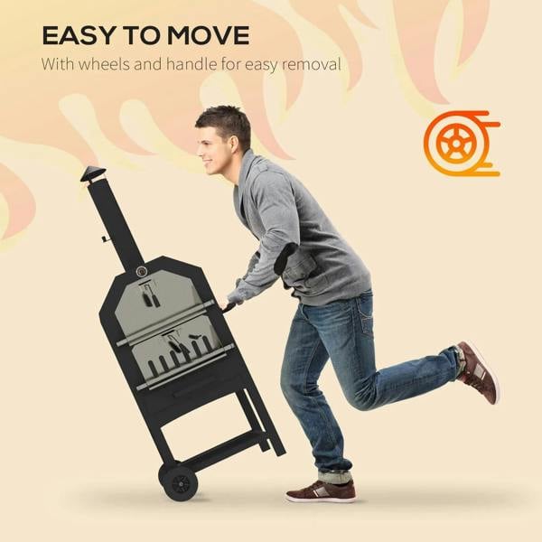 Black charcoal pizza oven grill with wheels and handle for easy transport