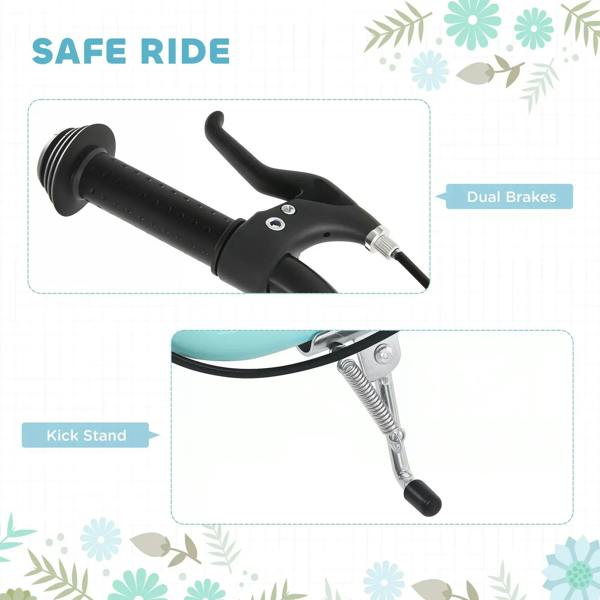 Black handlebar grips and rear kickstand of turquoise kids stunt scooter.