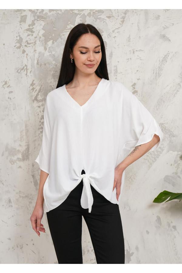 Hoxton Gal Oversized V Neck Tie Front Detailed Blouse with 3/4 Sleeves in White