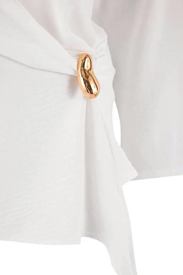 WOVCOR Gold Accessory Asymmetrical Collar Long Sleeve Woven Plus Size Blouse
