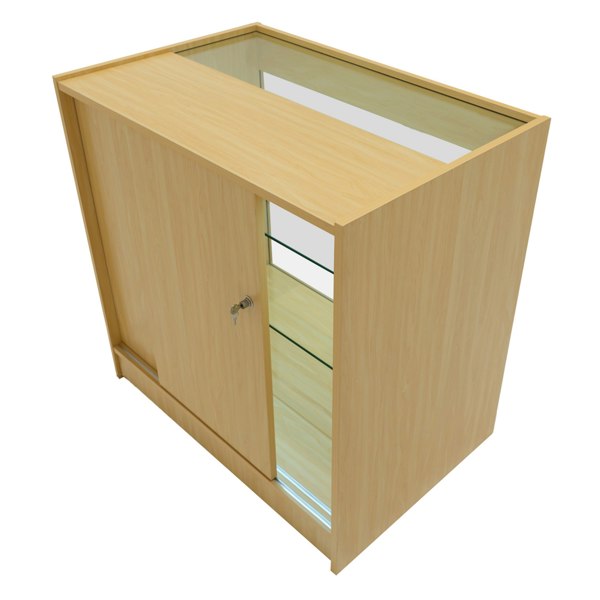 LED retail shop counter K900 in maple finish, featuring a glass top, sliding door, and sleek design for modern displays